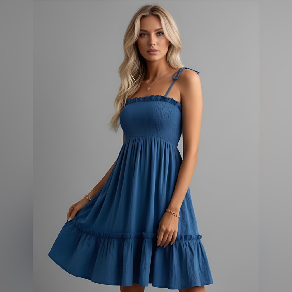 Blue Pleated Shirred Ruffle Hem Dress